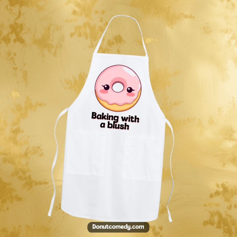 Funny kitchen apron with a shy, blushing glazed donut character, perfect for adding bashful humor to cooking and baking tasks.