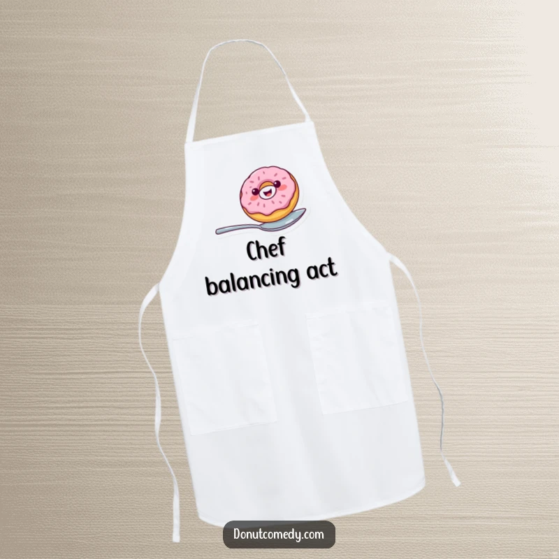Funny kitchen apron featuring a cheerful donut character balancing on a spoon, adding playful humor to cooking duties.