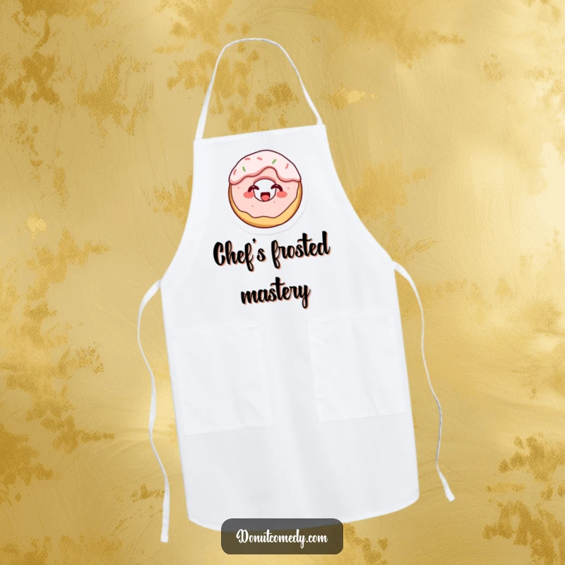 Funny kitchen apron with a tiny cake donut character, covered in frosting and giggling, bringing sweet, messy humor to cooking.