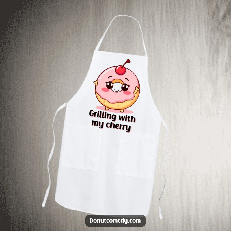 Funny kitchen apron with a proud donut character, topped with a cherry, striking a pose, bringing confident humor to cooking.