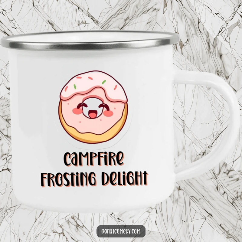 Funny camping mug featuring a tiny cake donut character, covered in frosting and giggling, perfect for outdoor drinks with sweet, messy humor.