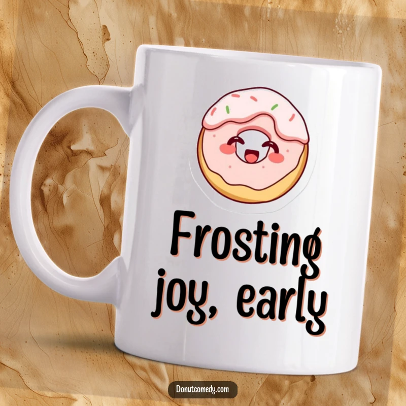 Funny mug with a tiny cake donut character, covered in frosting, with a gleeful giggle, embodying sweet, messy fun.