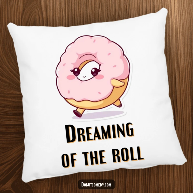 Funny decorative pillow with a fluffy donut character, determinedly rolling forward, offering comfort and motivational humor.