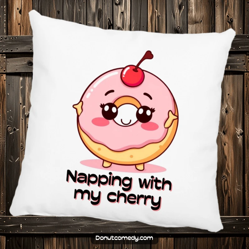 Funny decorative pillow with a proud donut character, topped with a cherry, striking a pose, offering comfort and confident humor.