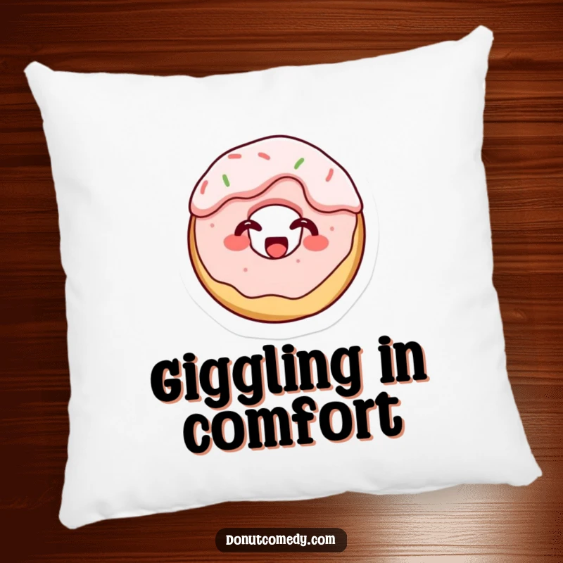 Funny decorative pillow with a tiny cake donut character, covered in frosting and giggling, offering comfort and sweet, messy humor.