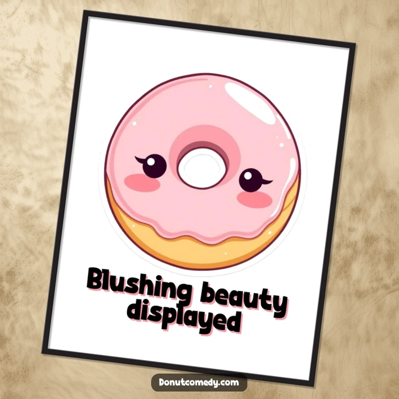 Funny digital art print of a shy, blushing glazed donut character, perfect for instant download and display with bashful humor.