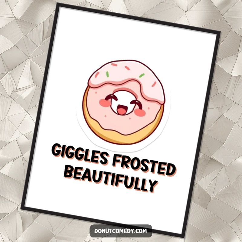 Funny digital art print of a tiny cake donut character, covered in frosting and giggling, ideal for instant download with sweet, messy humor.