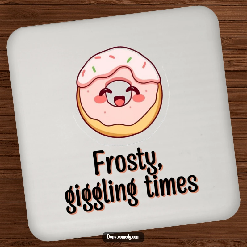 Funny drink coaster with a tiny cake donut character, covered in frosting and giggling, protecting surfaces with sweet, messy humor.