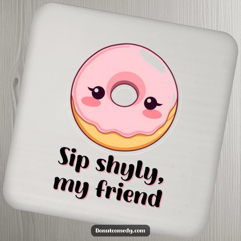 Funny drink coaster featuring a shy, blushing glazed donut character, protecting surfaces with bashful humor and cute design.