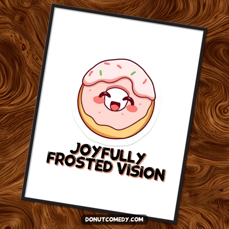 Funny poster art of a tiny cake donut character, covered in frosting and giggling gleefully, adding sweet, messy humor to walls.