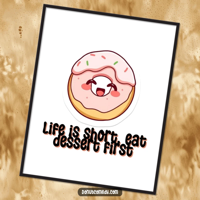 Funny free printable wall art: a tiny cake donut character giggling hysterically while completely covered in thick, delicious frosting.