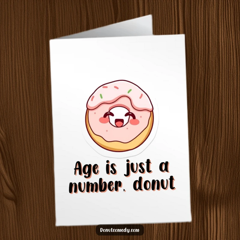 Funny free printable birthday card: tiny cake donut character giggling uncontrollably while covered in delicious frosting, radiating pure joy.