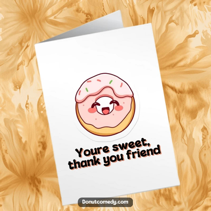 Funny free printable thank you card: tiny cake donut character giggling, covered in frosting, showing thanks with a joyful, messy look.