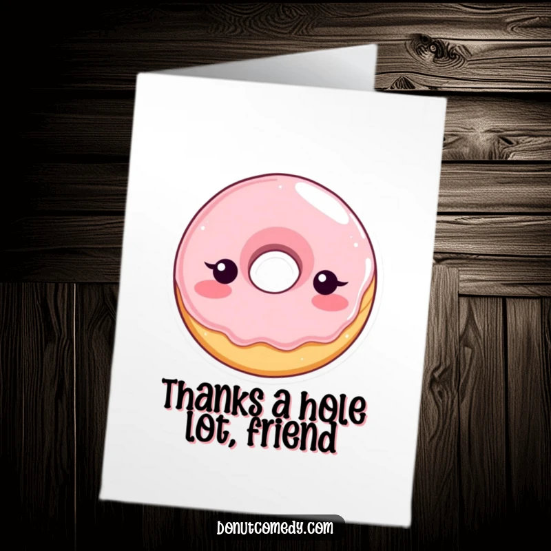 Funny free printable thank you card: shy glazed donut character blushing, offering a sweet and bashful expression of gratitude.