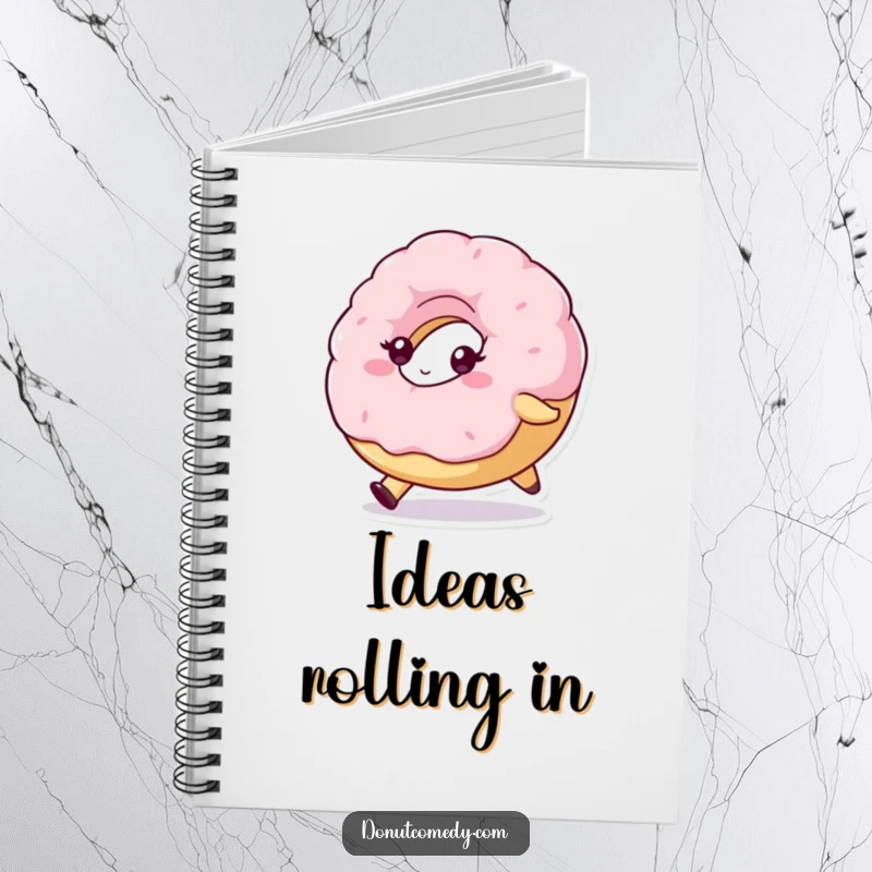 Funny notebook with a fluffy donut character, determinedly rolling forward, perfect for journaling with motivational humor.