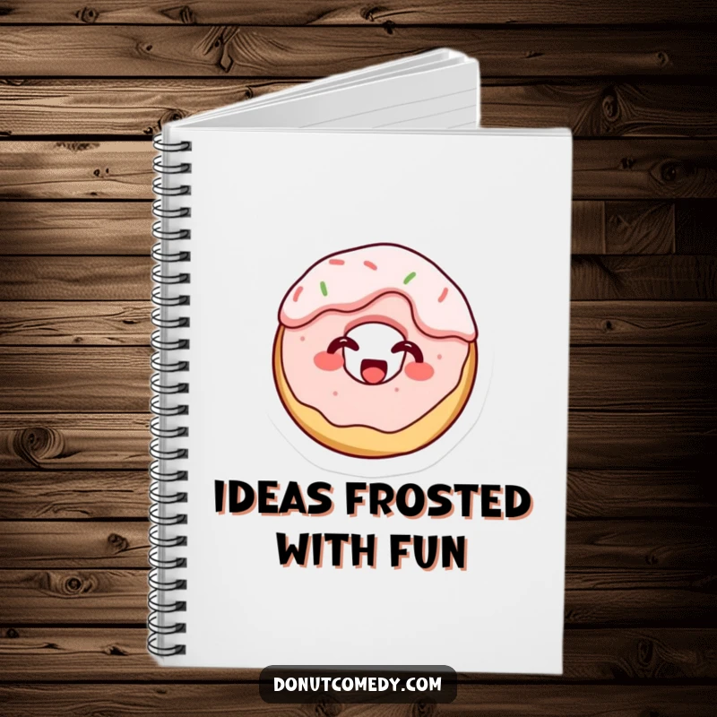 Funny notebook with a tiny cake donut character, covered in frosting and giggling, perfect for journaling with sweet, messy humor.