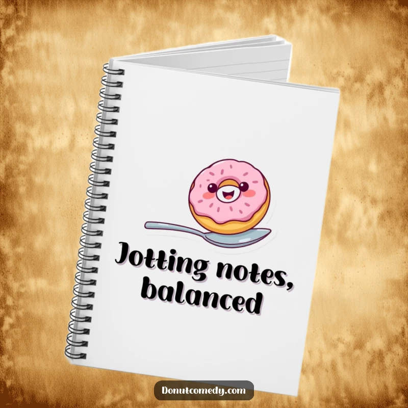 Funny notebook with a cheerful donut balancing on a spoon, ideal for jotting down notes with a dose of playful humor.