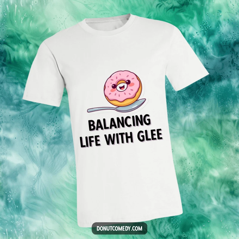 Funny t-shirt featuring a cheerful donut character with a big smile, skillfully balancing on a spoon, a humorous apparel choice.