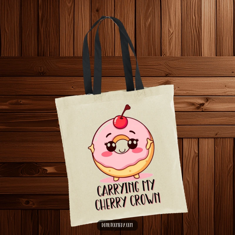 Funny tote bag featuring a proud donut character with a cherry on top, striking a confident pose, perfect for carrying items with flair.