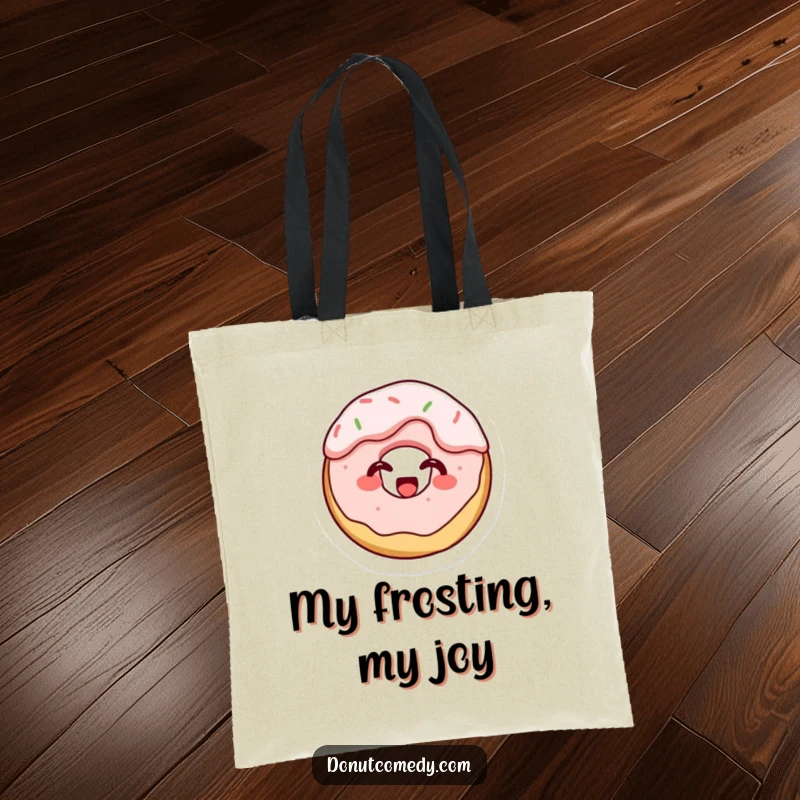 Funny tote bag featuring a tiny cake donut character, covered in frosting and giggling, perfect for carrying items with sweet, messy humor.