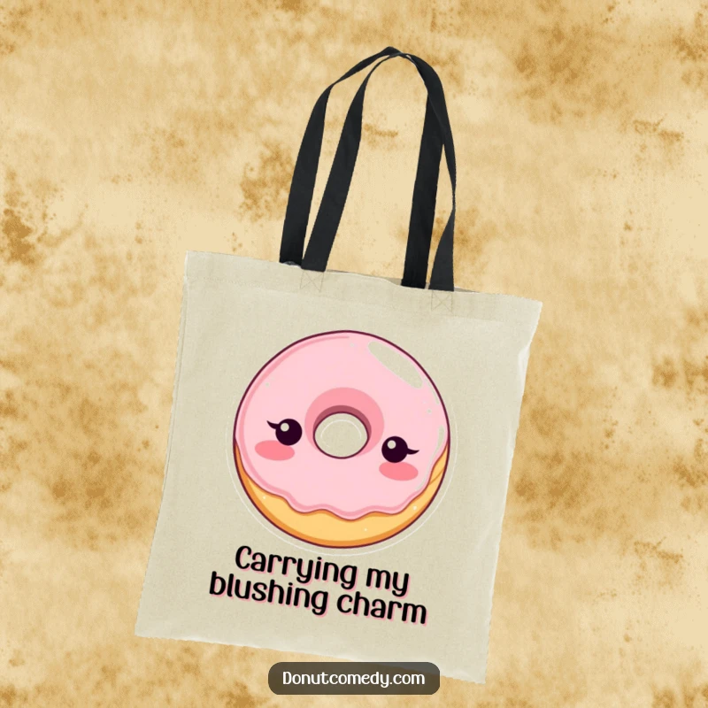 Funny tote bag featuring a shy, blushing glazed donut character, perfect for carrying items with a touch of bashful humor.